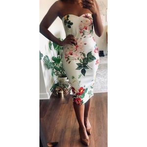 ASOS Botanical Floral Print White Strapless Dress